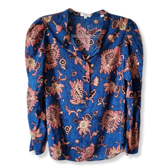 ALC Women Marci Abstract Floral Blouse 4 Blue Paisley Puff Shoulder Contemporary - Picture 3 of 12